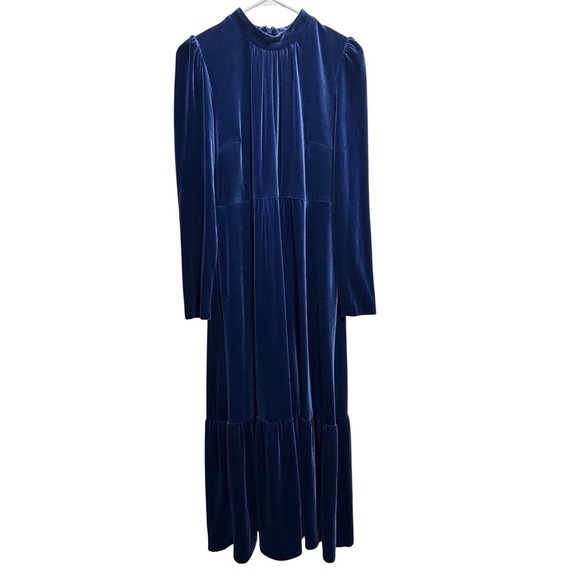 Boden Dresses & Skirts - Boden Blue Velvet High Neck Tiered Maxi Dress Long Sleeve US 10R Elegant Formal